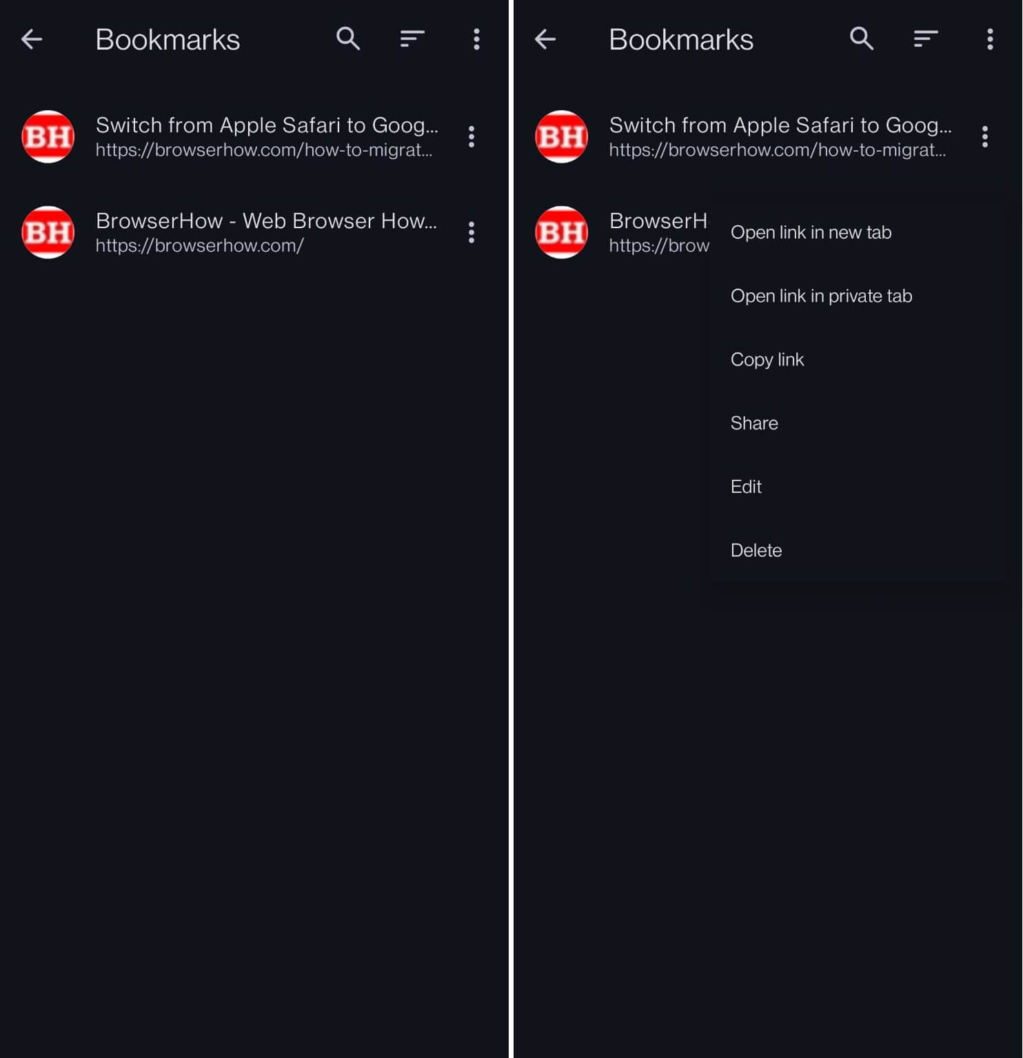 delete a bookmark on Opera Android