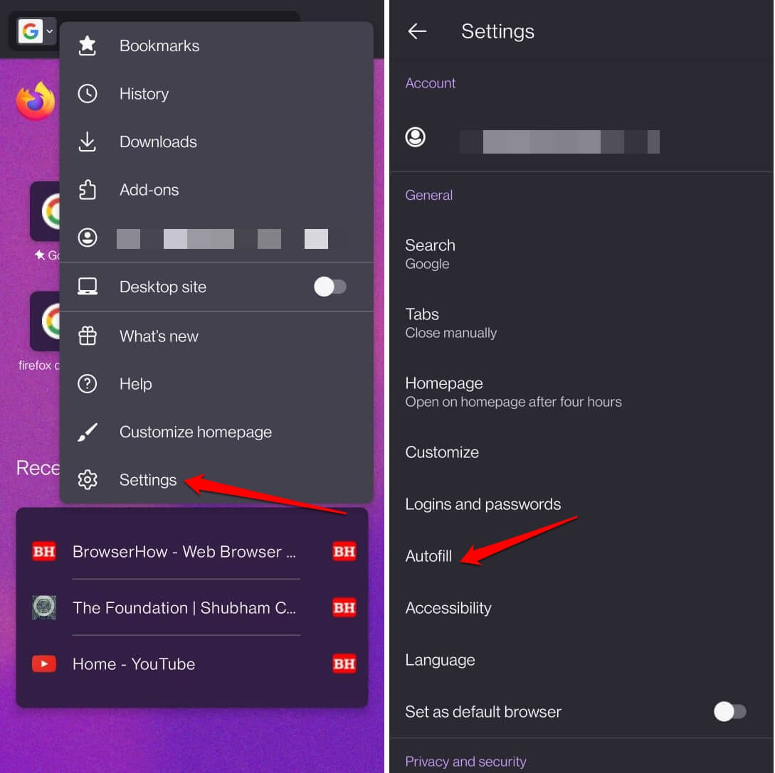 firefox Autofill settings in Android 