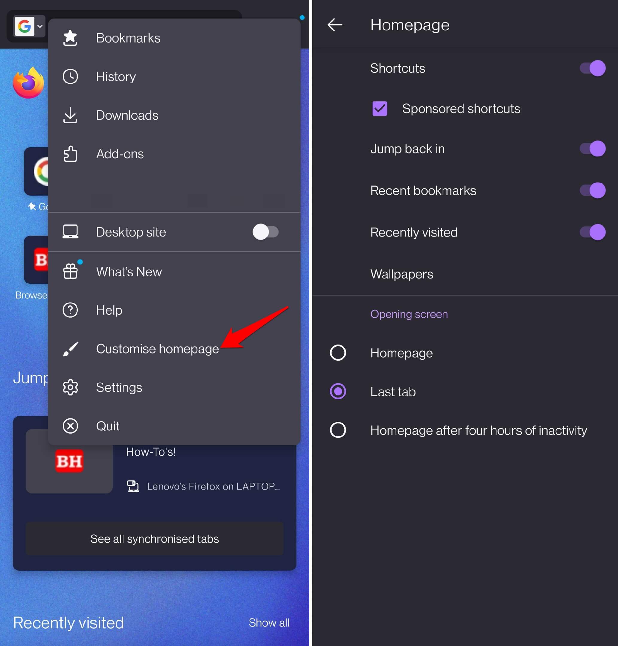 setup homepage layout in Firefox android