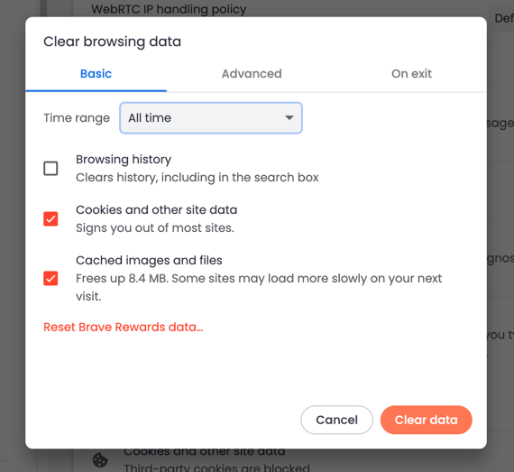 Clear cookies and cache data in Brave computer with Clear Data command