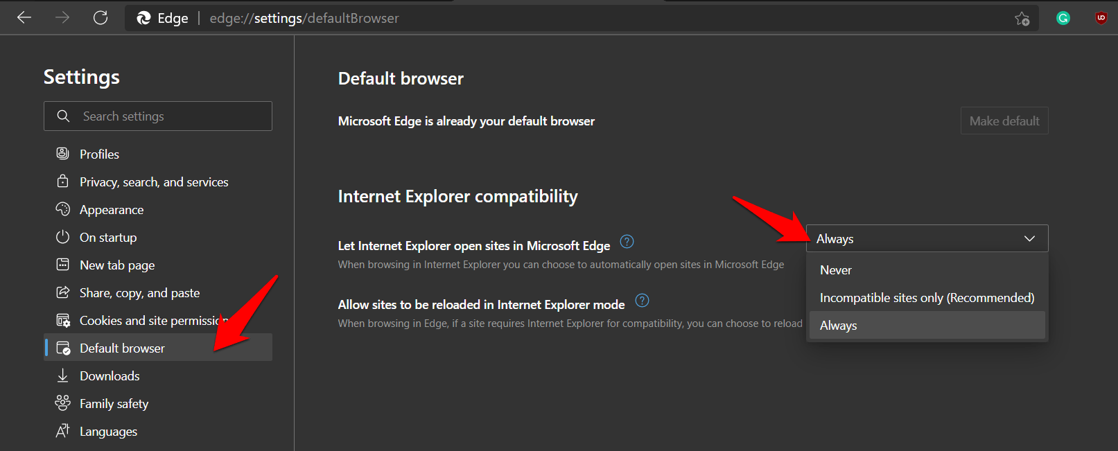 Let Internet Explorer open sites in Microsoft Edge set to Always