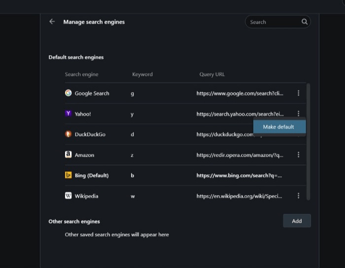 Make a search engine default from Opera Manage Search Engine tab
