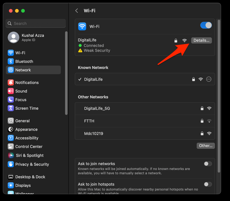 Network Connection Details on macOS for configuration