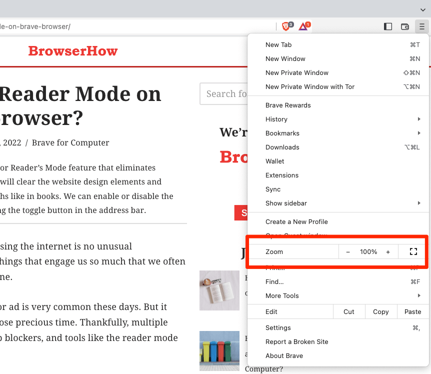Page Zoom settings under the Brave menu bar options