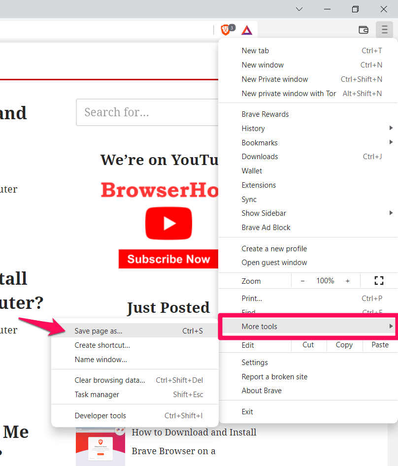 Save page as option in Brave browser
