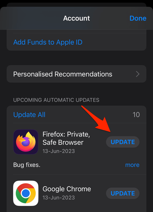 Update Firefox app command under Upcoming Automatic Updates